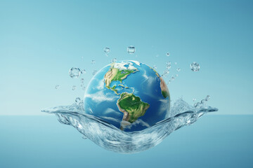 Model of Planet Earth falling into water, splash. Theme of waters on earth.copy space.generative ai
