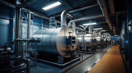 Fototapeta na wymiar Inside the modern industrial boiler room, large metal tanks and pipes, industrial concept generating heat.