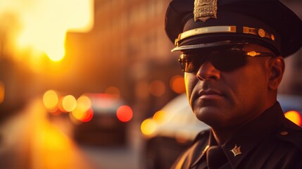 Man working as police officer or cop, closeup portrait, blurred evening city background. - obrazy, fototapety, plakaty
