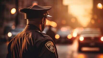 Man working as police officer or cop, closeup portrait, blurred evening city background.