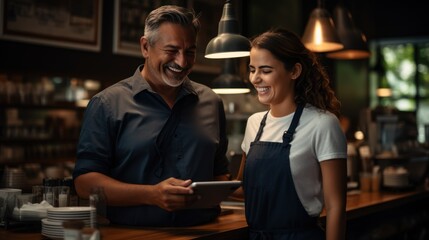 Manager and waiter laughing with design on digital tablet standing with hot coffee in coffee shop