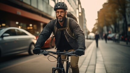 Middle-aged man wearing a bicycle helmet riding a bicycle in the city - Powered by Adobe