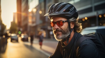 Middle-aged man wearing a bicycle helmet riding a bicycle in the city - obrazy, fototapety, plakaty