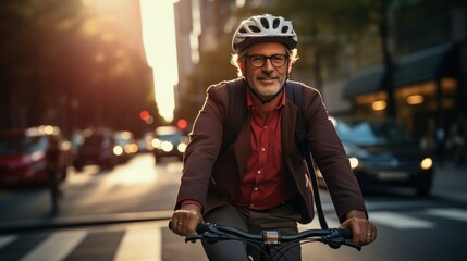 Middle-aged man wearing a bicycle helmet riding a bicycle in the city