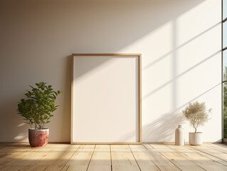 Vertical Empty Frame Mock-Up Template On Floor, Vertical Blank FrameTemplate In A Bright Interior, Aesthetic Blank Frame Mockup. Generative AI