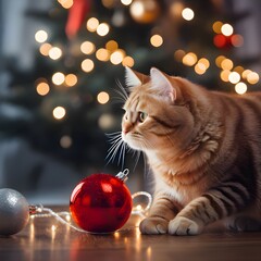 Amidst Festive Decor, a Cheerful Christmas Cat in Red Attire Spreads Holiday Joy with Christmas Greetings and Celebrates by the Christmas Tree