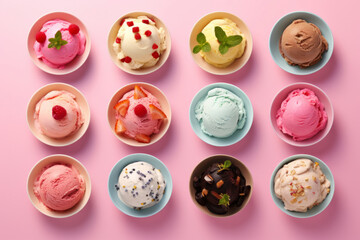 Set of bowls with various colorful Ice Cream scoops with different flavors and fresh ingredients on pink background, top view.generative ai
