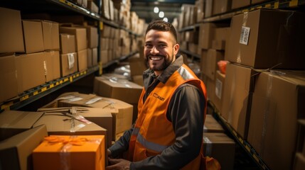 Fototapeta na wymiar Smiling factory worker driving around warehouse stocking up parcels for delivery.