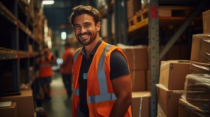 Smiling factory worker driving around warehouse stocking up parcels for delivery.