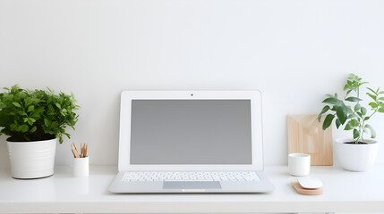 Modern Elegance, A Laptop Takes Center Stage on a White Table Surrounded by Greenery, Two Green Pots, and a Pencil Pot, and a Cup of Tea on white wall background generative AI