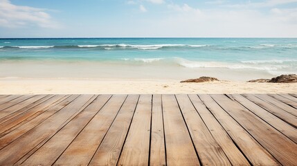Fototapeta premium Rustic wooden floor as product mockup with clear beach as background. Empty wooden planks with blur beach on background.