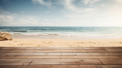 Fototapeta premium Rustic wooden floor as product mockup with clear beach as background. Empty wooden planks with blur beach on background.