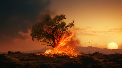 burning tree on a hill in the desertpunk