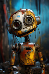 Figure of an old small robot with rust and worn parts.
