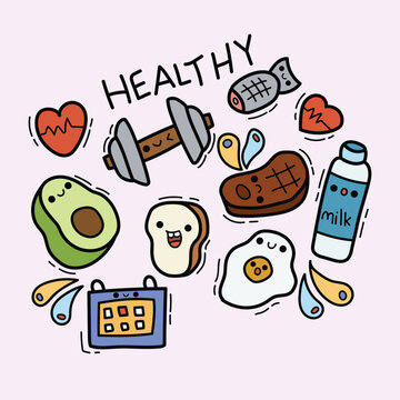 This is a collection of cute doodle images with healthy themes, this is perfect for your various needs such as stickers and others