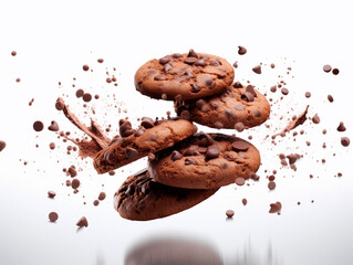 Chocolate chip cookies falling on a white background with splashes of chocolate