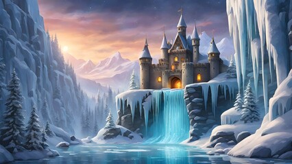 A castle Illustration built into the side of a frozen waterfall, with icicles hanging from the edges and the northern lights dancing in the sky. - obrazy, fototapety, plakaty