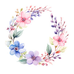 Watercolor wreath of beautiful spring flowers and twigs. Stock illustration