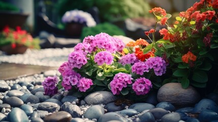 Fototapeta na wymiar A Colorful Display of Blooming Flowers Amongst Natural Rocks
