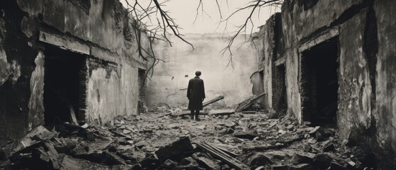 Man walking in the ruins of a building after an air strike in the war. AI generated