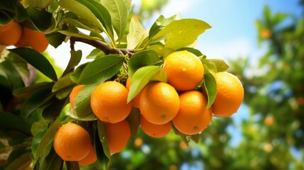 A Vibrant Harvest: Oranges Dangling from Lush Tree Branches