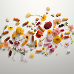 Fototapeta na wymiar clean, modern visuals of supplements and vitamins, pill form, powder, form, gummy form, collagen, bee pollen, melatonin created with Generative Ai