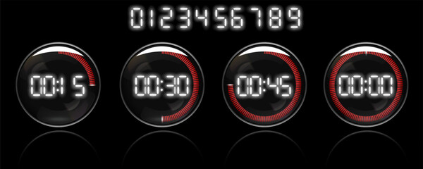 Set of digital stopwatches. Electronic timers. Isolated. Vector.