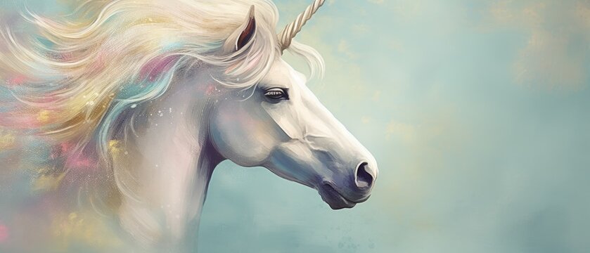 Naklejki Hand drawn unicorn on pastel color background. AI generated