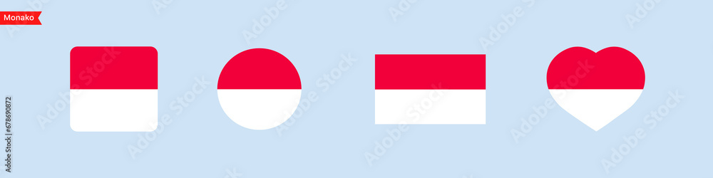 Poster national flag of monaco. monaco island flag icons in the shape of a square, circle, heart. isolated 