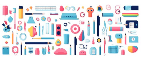 Hand drawn school equipment set cartoon on pastel color background. AI generated - obrazy, fototapety, plakaty