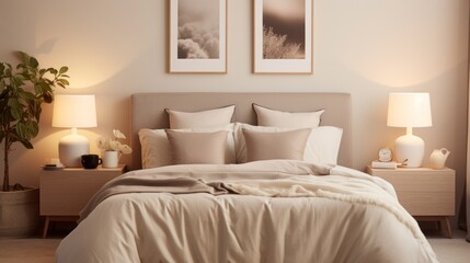 Fototapeta na wymiar A Cozy Bedroom with a Comfortable Bed and Artistic Wall Decor