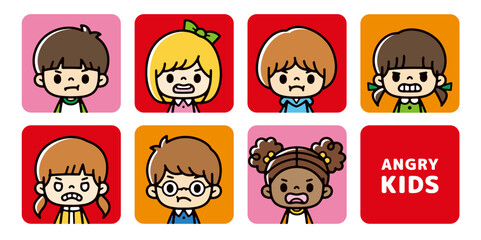 Set of icons of multiracial children with angry faces