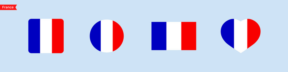 France national flag. France flag icons for UI design. Isolated flag symbols in the shape of a square, circle, heart. Vector icons