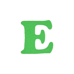 Capital letter E made of porous (spongy) material (foam rubber) in green color isolated closeup