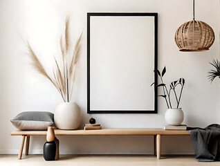 Large black empty mock-up poster frame positioned vertically over a wooden seat filled with books and vases on a white stucco wall. Rattan pendant light in a modern living room, Generative AI - obrazy, fototapety, plakaty