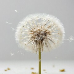 A delicate dandelion seed head disperses its seeds in the breeze