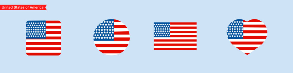 National flag of USA icons. United States of America flag in the shape of a square, circle, heart. Website language choice symbols. Vector UI flag design