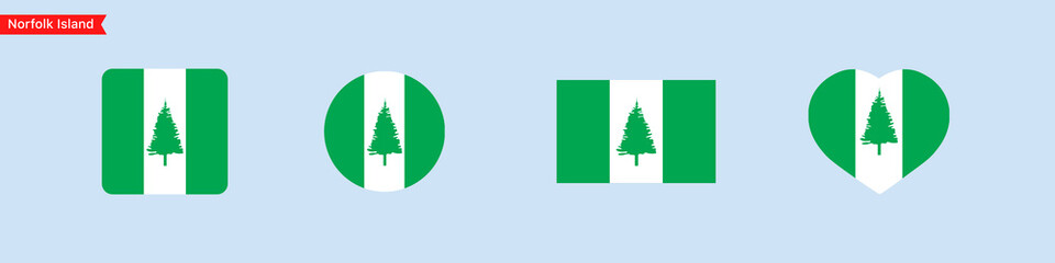 National flag of Norfolk Islands icons. Norfolk Islands flag in the shape of a square, circle, heart. Website language choice symbols. Vector UI flag design