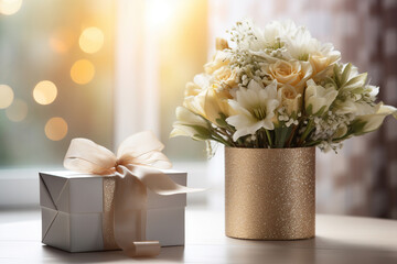 A beautiful bouquet of flowers with a gift box on the table in the room. 