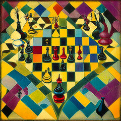 Abstract surreal painting.  Large chess board with chess pieces.  AI generative - 678691801