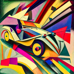 Abstract surreal painting.  Multi-colored car on the background of the fields.  AI generative - 678691815