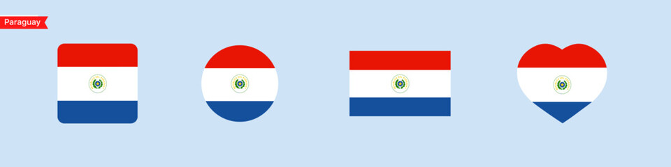 Paraguay national flag. Paraguay flag icons for UI design. Isolated flag symbols in the shape of a square, circle, heart. Vector icons