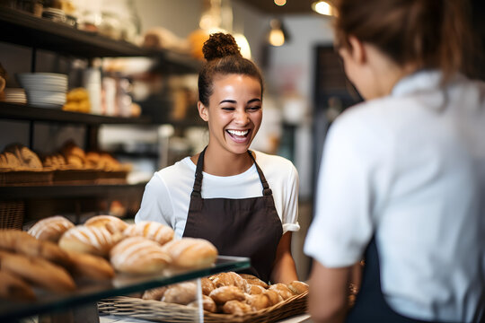 A candid shot of a smiling female baker, who's also the shop owner, offering exemplary customer service as she hands a customer their order in her retail store