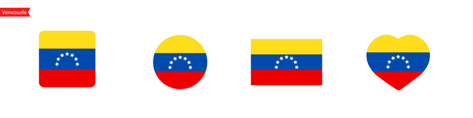 National flag of Venezuela. Flag icons for language selection. Venezuela flag in the shape of a square, circle, heart. Vector icons
