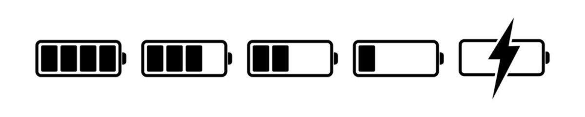 Battery vector icon set. Battery charge level illustration. Charging sign.