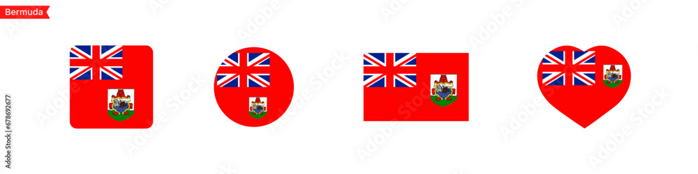 Poster national flag of bermuda icons. bermuda flag in the shape of a square, circle, heart. website langua