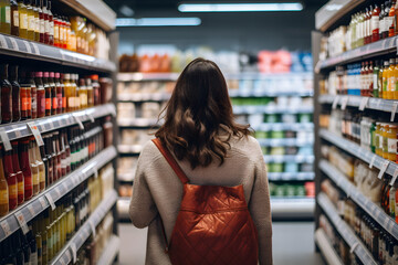 A woman comparing products in a grocery store, considering nutrition, prices, and ingredients, demonstrating informed consumer behavior