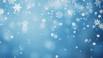 White snowflakes of various sizes falling, with a bokeh effect on a blue background.