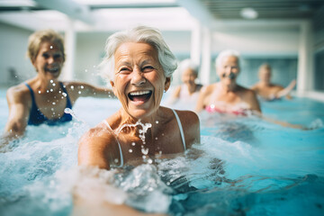 Active senior women enjoying aqua fit class in a pool, displaying joy and camaraderie - obrazy, fototapety, plakaty