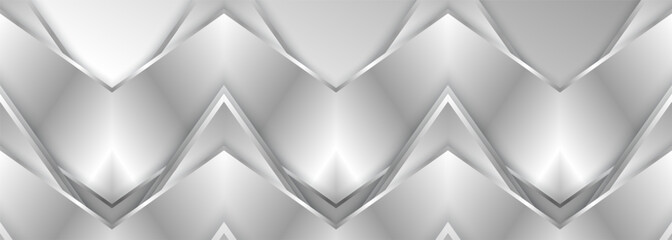 Wide luxury abstract background with silver gradient lines triangle arrows and shadows. Modern light silver color wide metallic banner with angles. Futuristic geometric vector abstract backdrop.